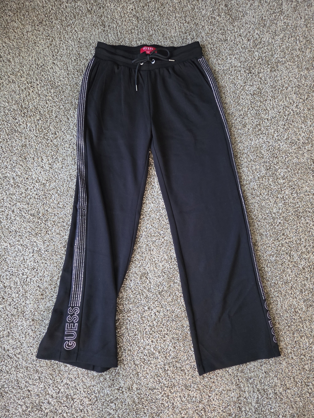 GUESS Black Rhinestone Trim Wide-Leg Sweatpants